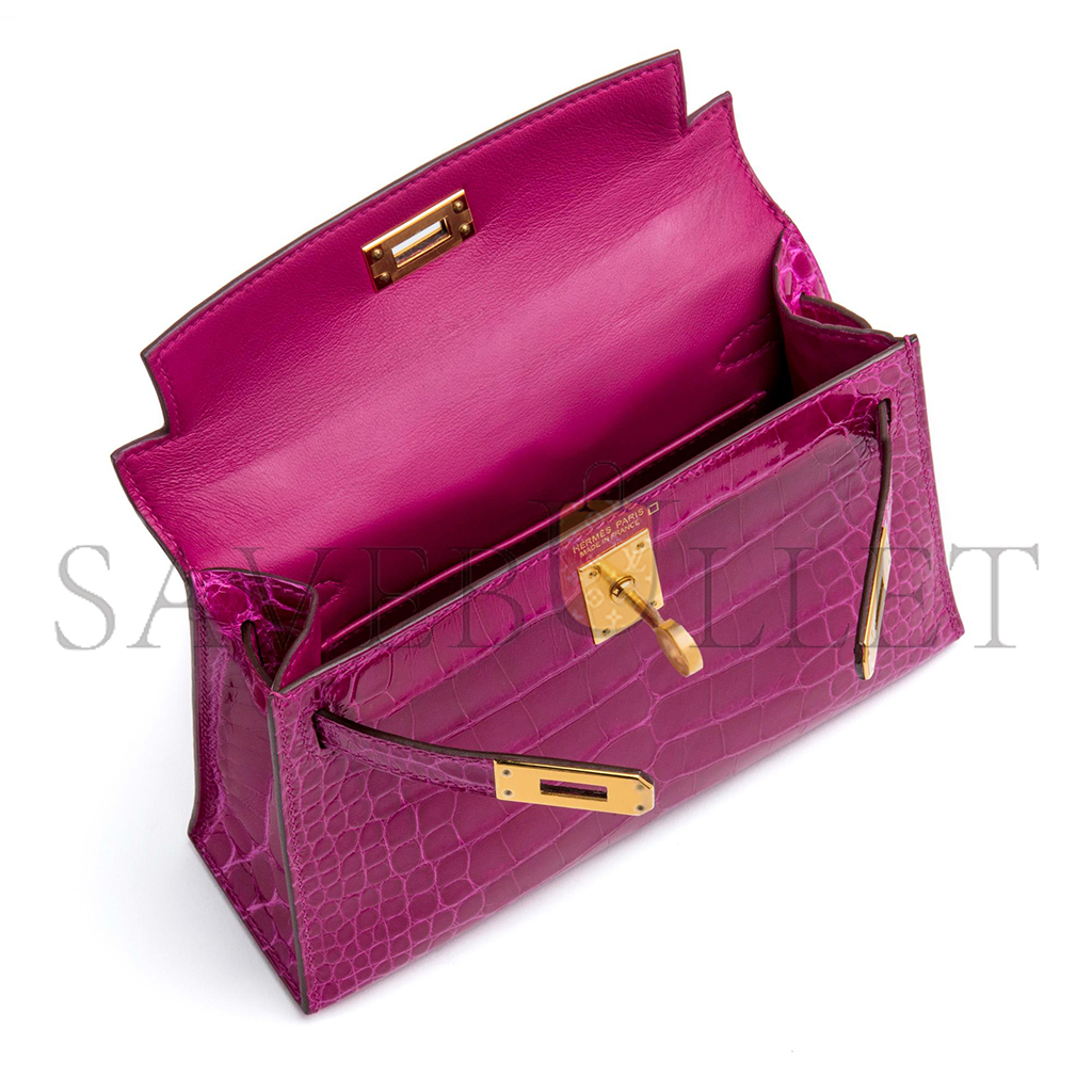 HERMÈS MASTER MINI KELLY II GLOSSY ALLIGATOR ROSE (19*12*5.5cm)
